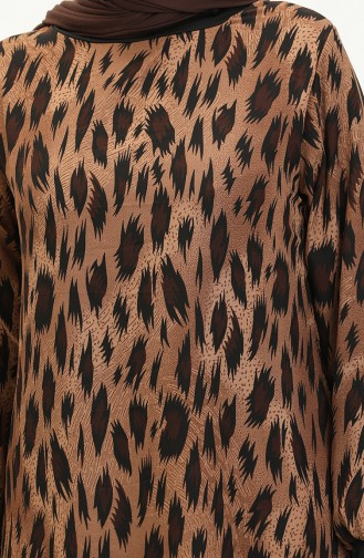 Ribanalı Leopar Desenli Vual Elbise 0101-04 Kahverengi Siyah