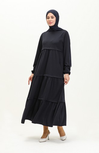 Elastic Sleeve Plain Dress 8888-10 Navy Blue 8888-10