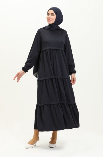 Elastic Sleeve Plain Dress 8888-10 Navy Blue 8888-10