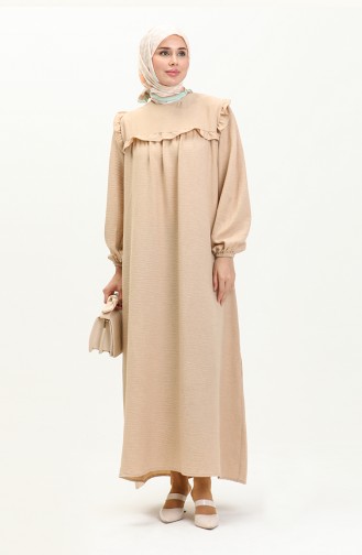 Elastic Sleeve Ruffle Detailed Dress 0110-01 Beige 0110-01