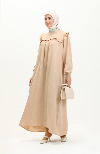 Elastic Sleeve Ruffle Detailed Dress 0110-01 Beige 0110-01