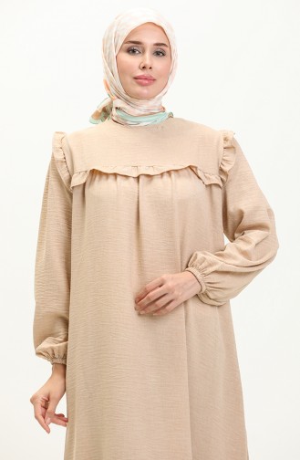 Elastic Sleeve Ruffle Detailed Dress 0110-01 Beige 0110-01
