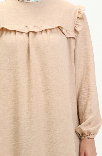Elastic Sleeve Ruffle Detailed Dress 0110-01 Beige 0110-01