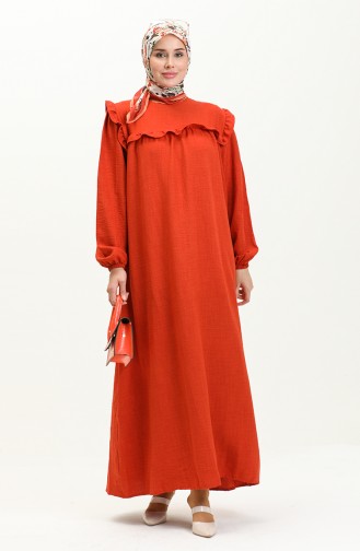 Elastic Sleeve Ruffle Detailed Dress 0110-04 Brick Red 0110-04