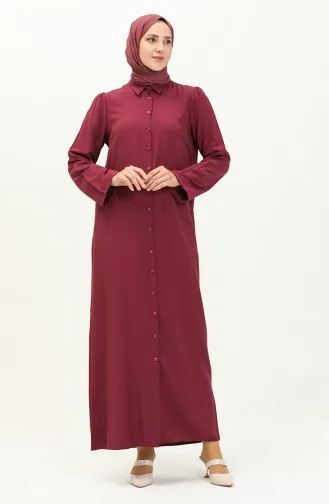 Kol Büzgülü Düğmeli Viskon  Elbise 5109-04 Mürdüm 5109-04
