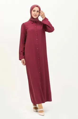 Kol Büzgülü Düğmeli Viskon Elbise 5109-04 Mürdüm 5109-04