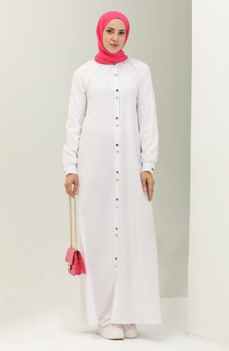 Çift Düğmeli Viskon Elbise 5110-01 Beyaz