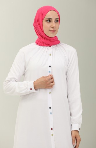 Çift Düğmeli Viskon Elbise 5110-01 Beyaz