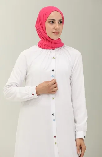 Çift Düğmeli Viskon Elbise 5110-01 Beyaz 5110-01