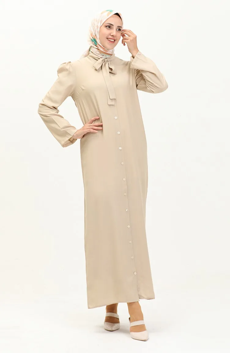 Robe Boutonnée Col Noué 5111-01 Beige 5111-01