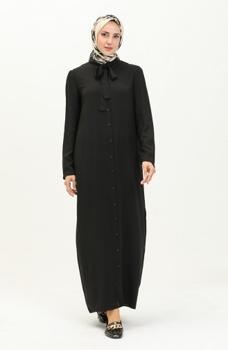 Kravat Yaka Düğmeli Elbise 5111-02 Siyah