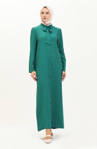 Kravat Yaka Düğmeli Elbise 5111-06 Zümrüt Yeşili
