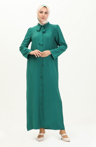 Tie Collar Buttoned Dress 5111-06 Emerald Green 5111-06