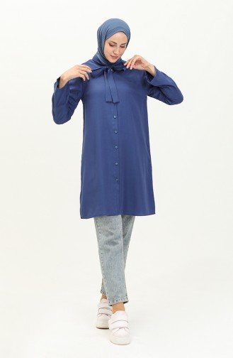 Tie Collar Linen Tunic 5112-01 Navy Blue 5112-01