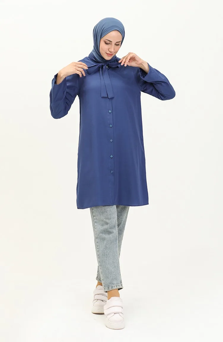 Tie Collar Linen Tunic 5112-01 Navy Blue 5112-01