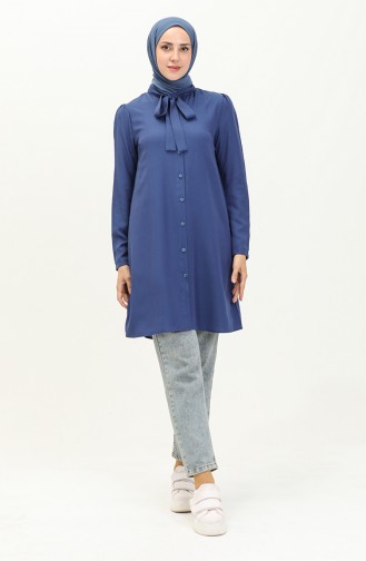 Tie Collar Linen Tunic 5112-01 Navy Blue 5112-01