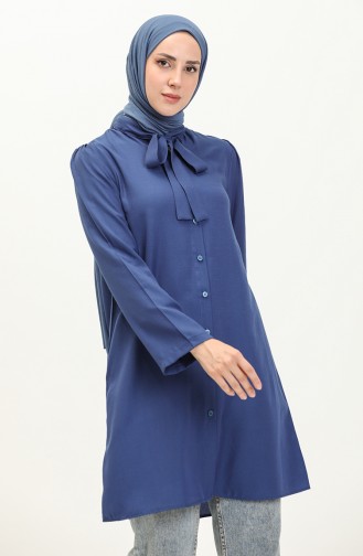 Tie Collar Linen Tunic 5112-01 Navy Blue 5112-01
