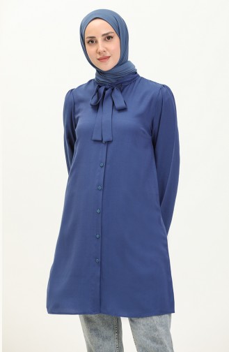 Tie Collar Linen Tunic 5112-01 Navy Blue 5112-01