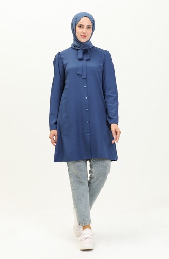 Tie Collar Buttoned Viscose Tunic 5113-01 Navy Blue 5113-01
