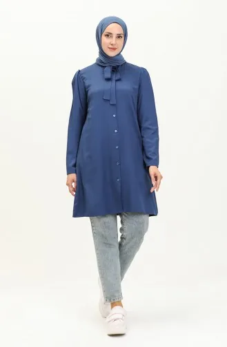 Tie Collar Buttoned Viscose Tunic 5113-01 Navy Blue 5113-01