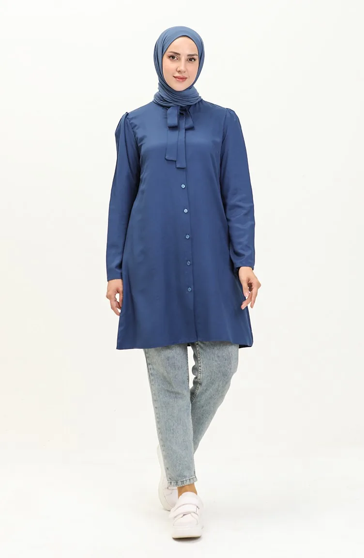 Tie Collar Buttoned Viscose Tunic 5113-01 Navy Blue 5113-01