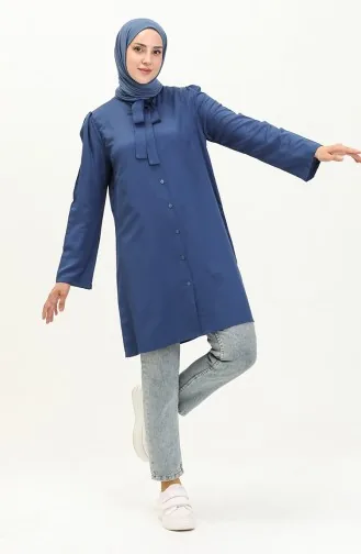 Tie Collar Buttoned Viscose Tunic 5113-01 Navy Blue 5113-01
