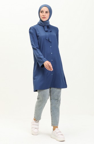 Tie Collar Buttoned Viscose Tunic 5113-01 Navy Blue 5113-01