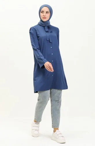 Tie Collar Buttoned Viscose Tunic 5113-01 Navy Blue 5113-01