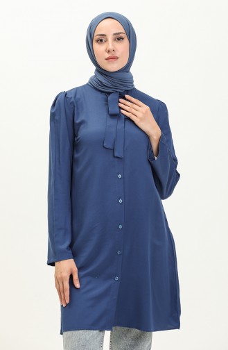 Tie Collar Buttoned Viscose Tunic 5113-01 Navy Blue 5113-01
