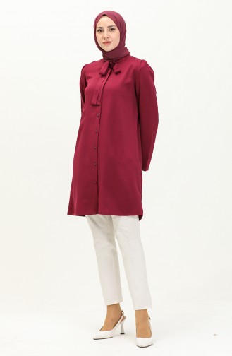 Tie Collar Buttoned Viscose Tunic 5113-03 Plum 5113-03
