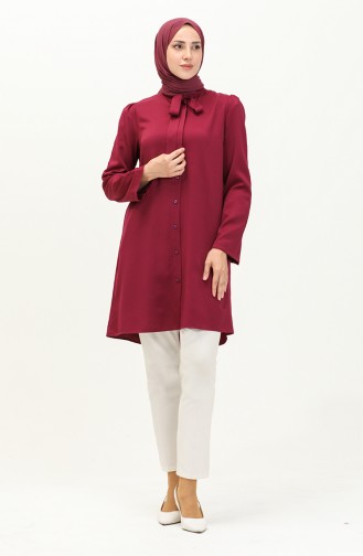 Tie Collar Buttoned Viscose Tunic 5113-03 Plum 5113-03