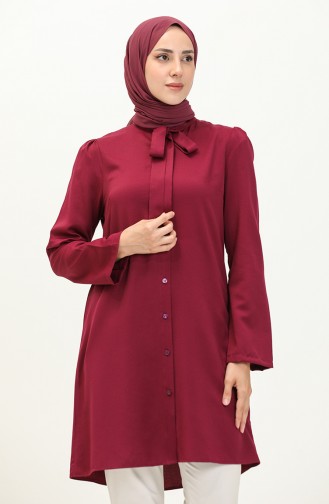Tie Collar Buttoned Viscose Tunic 5113-03 Plum 5113-03