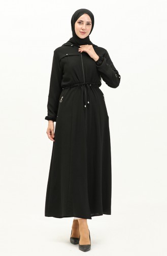 Abaya à Taille Froncée à Capuche 61346-01 Noir 61346-01