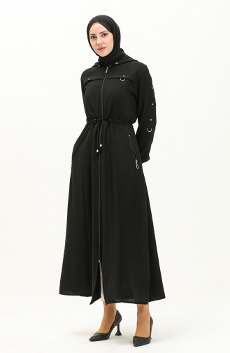 Abaya à Taille Froncée à Capuche 61346-01 Noir 61346-01