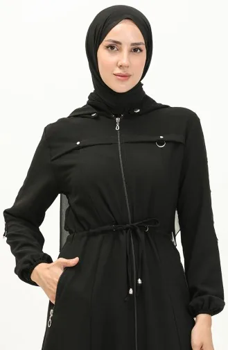 Abaya à Taille Froncée à Capuche 61346-01 Noir 61346-01