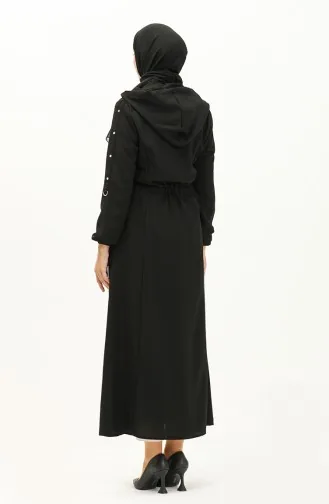 Abaya à Taille Froncée à Capuche 61346-01 Noir 61346-01
