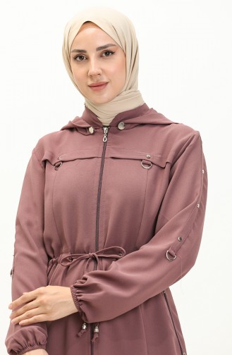 Abaya à Taille Froncée à Capuche 61346-02 Rose Pâle 61346-02