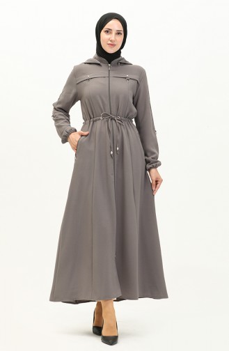 Abaya à Taille Froncée à Capuche 61346-03 Gris 61346-03