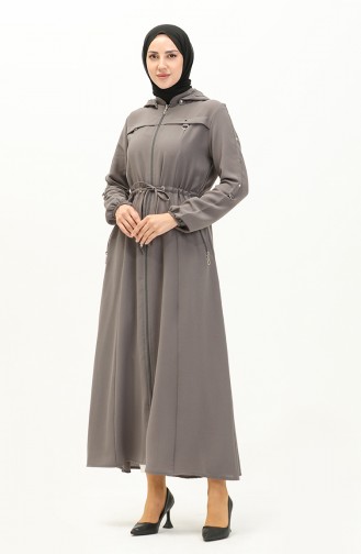 Abaya à Taille Froncée à Capuche 61346-03 Gris 61346-03