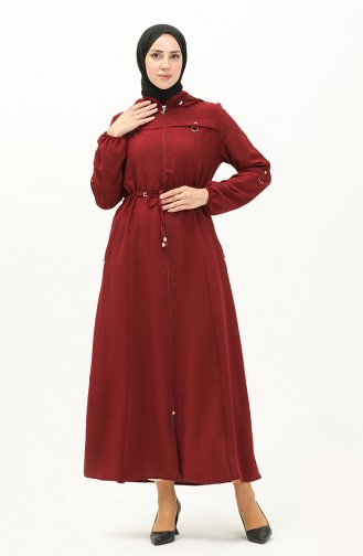 Hooded Shirred Abaya 61346-04 Claret Red 61346-04