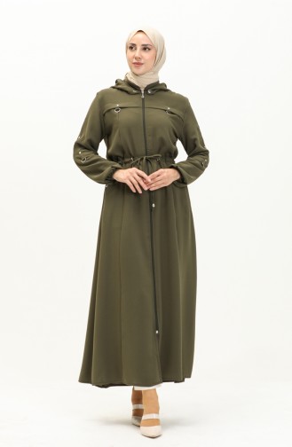 Abaya à Taille Froncée à Capuche 61346-05 Khaki 61346-05