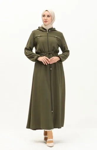 Abaya à Taille Froncée à Capuche 61346-05 Khaki 61346-05