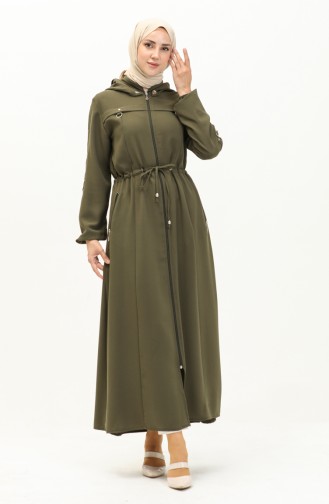 Abaya à Taille Froncée à Capuche 61346-05 Khaki 61346-05