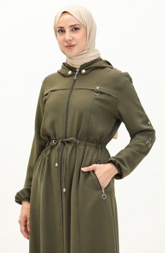 Abaya à Taille Froncée à Capuche 61346-05 Khaki 61346-05