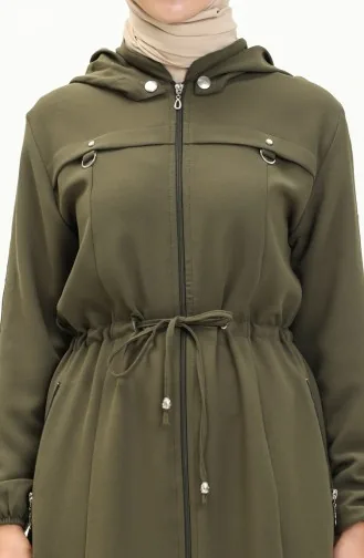 Abaya à Taille Froncée à Capuche 61346-05 Khaki 61346-05