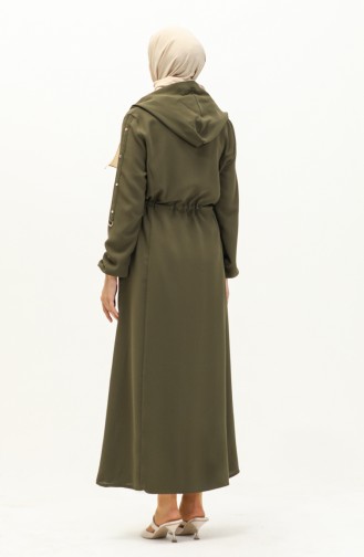 Abaya à Taille Froncée à Capuche 61346-05 Khaki 61346-05