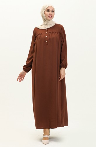 Düğmeli Robalı Elbise 1001-03 Kahverengi