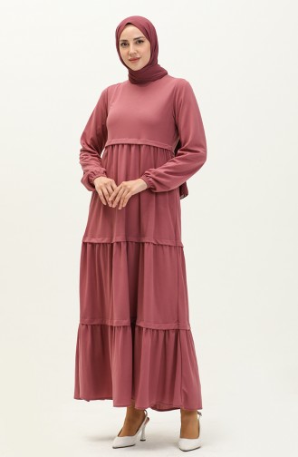 Einfarbiges Kleid mit elastischen Ärmeln 8888-03 Rose  8888-03