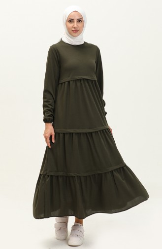 Einfarbiges Kleid mit elastischen Ärmeln 8888-06 Khaki 8888-06
