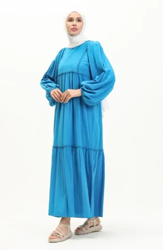 Robe à Manches Ballon en Tissu D écorce D arbre 24Y9026-01 Bleu 24Y9026-01
